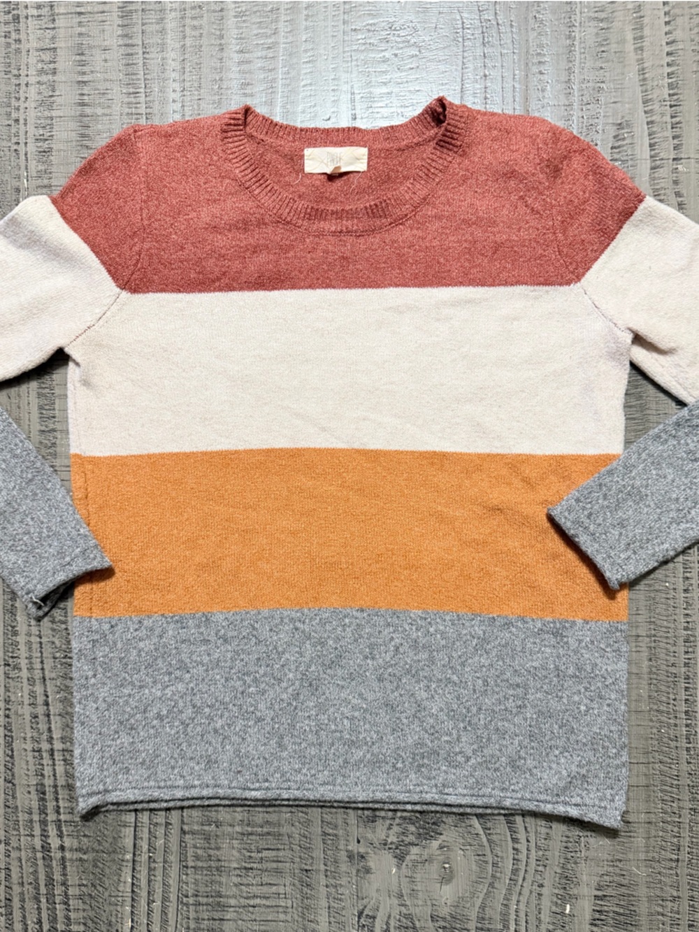 Cozy Colorblock Off-Shoulder Sweater - Gray, Mustard, Cream & Rust